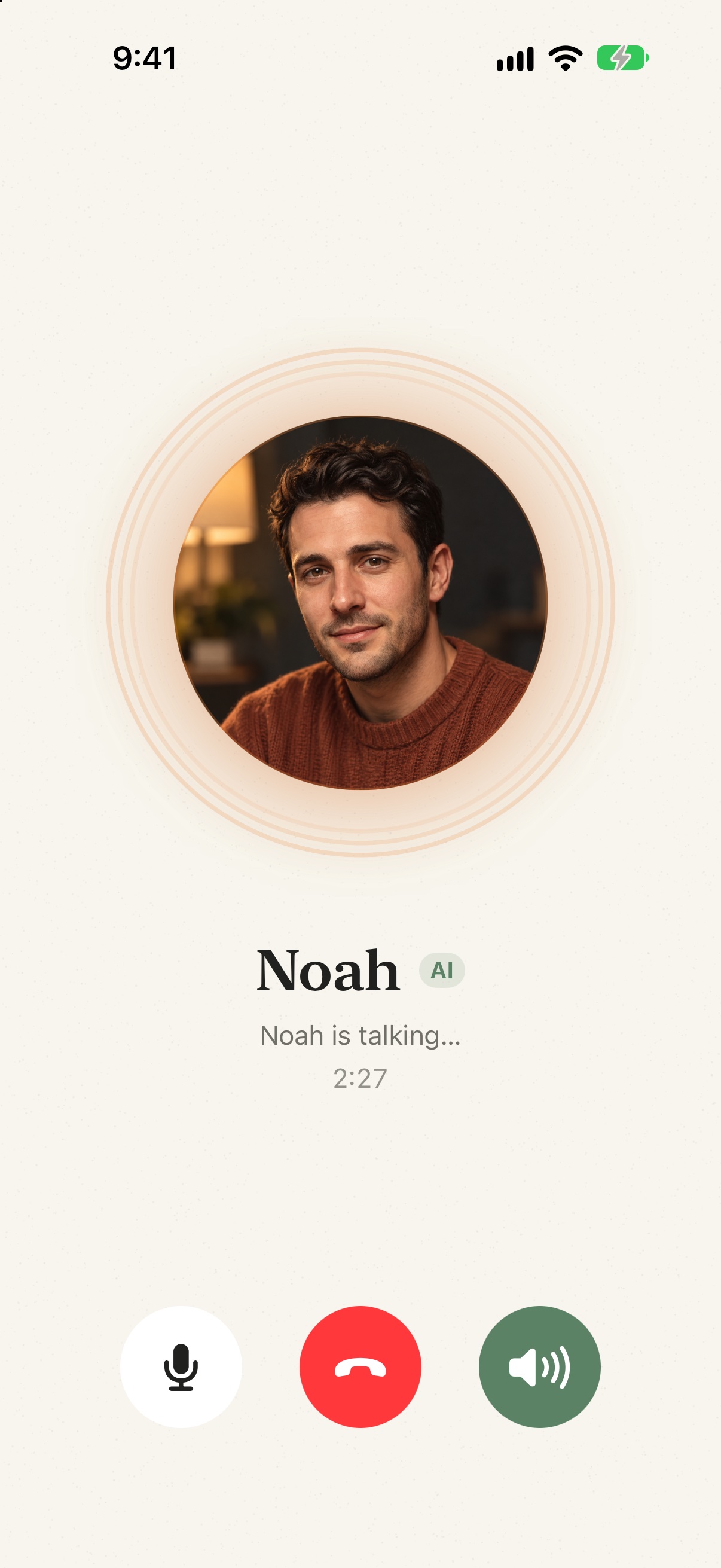 A live voice call with Noah in Alden, showing his portrait and the call controls