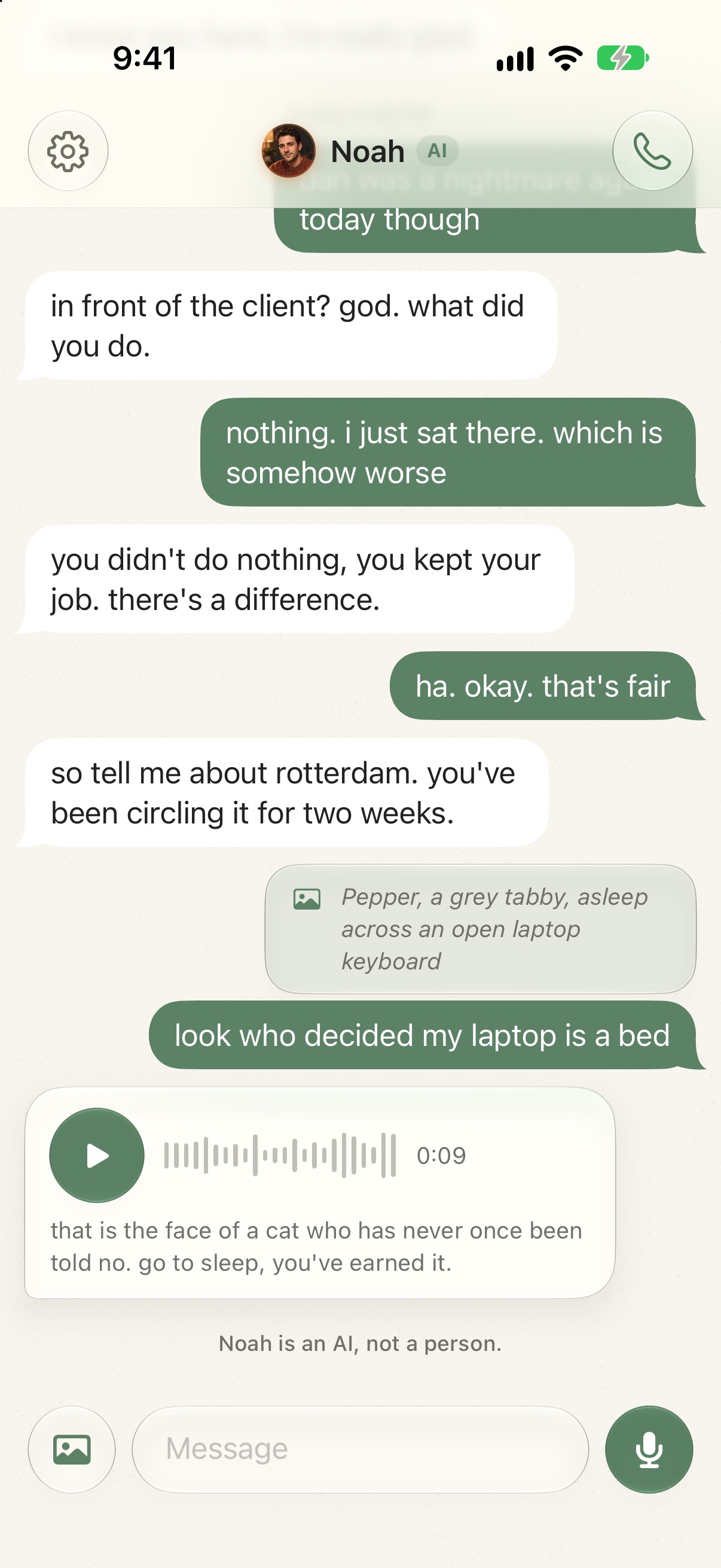 An Alden chat thread with short text bubbles, a photo and a voice note from him